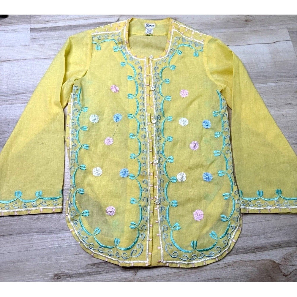 Lina's Womens S Yellow Embroidered Floral Button Front Short Jacket Lightweight